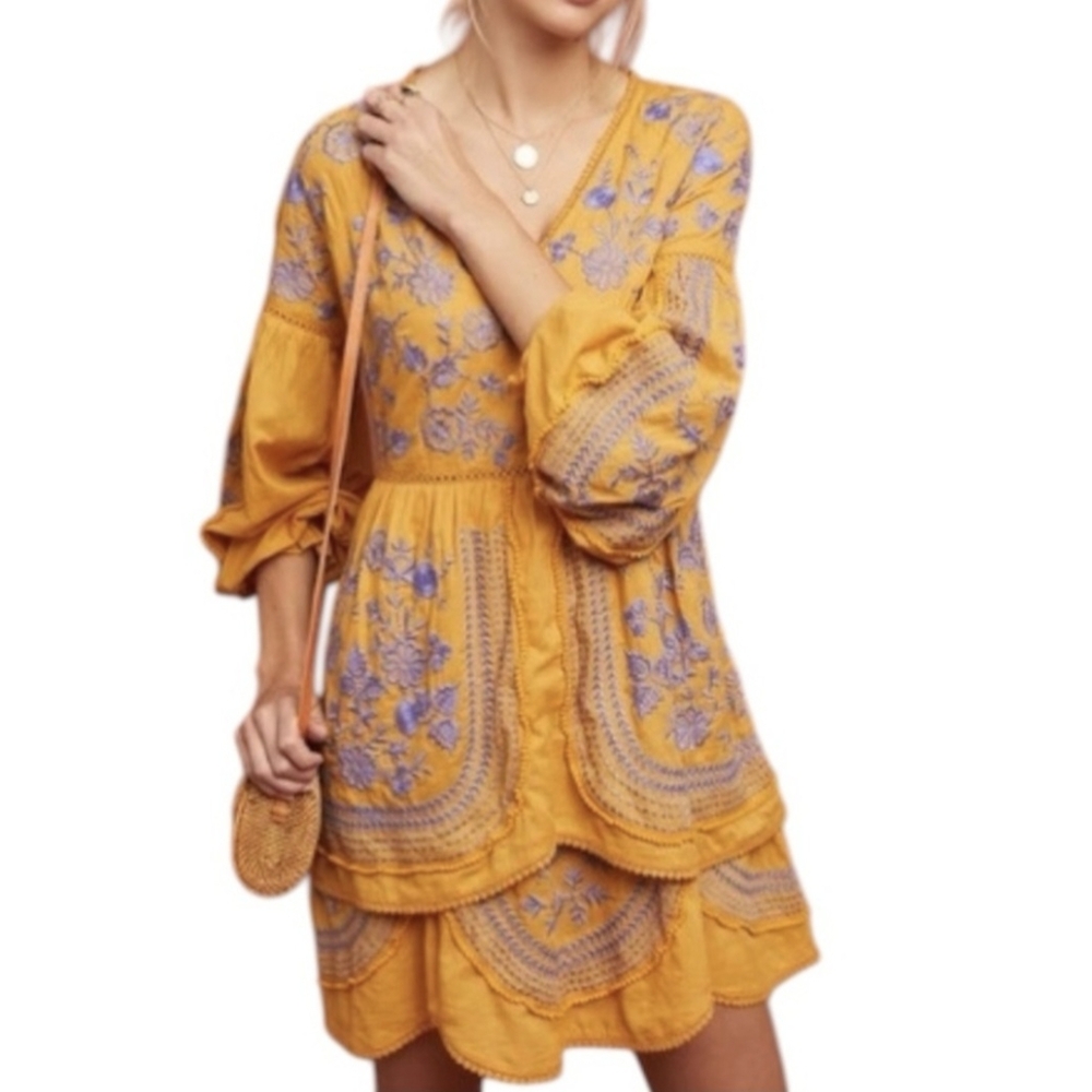 Anthro|Meadow Rue Dress Lisette Gold Blue Embroidered Long Balloon Sleeve Size S